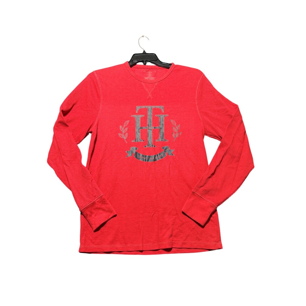 Tommy Hilfiger Thermal Shirt‎ Mens Large Red Excellent Waffle Knit Graphic Logo